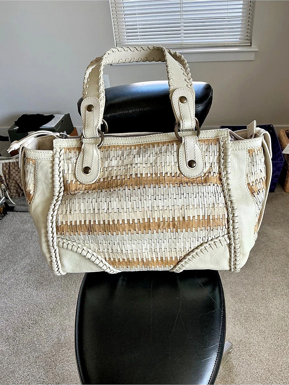 ISABELLA FIORE Woven Satchel in White and Tan